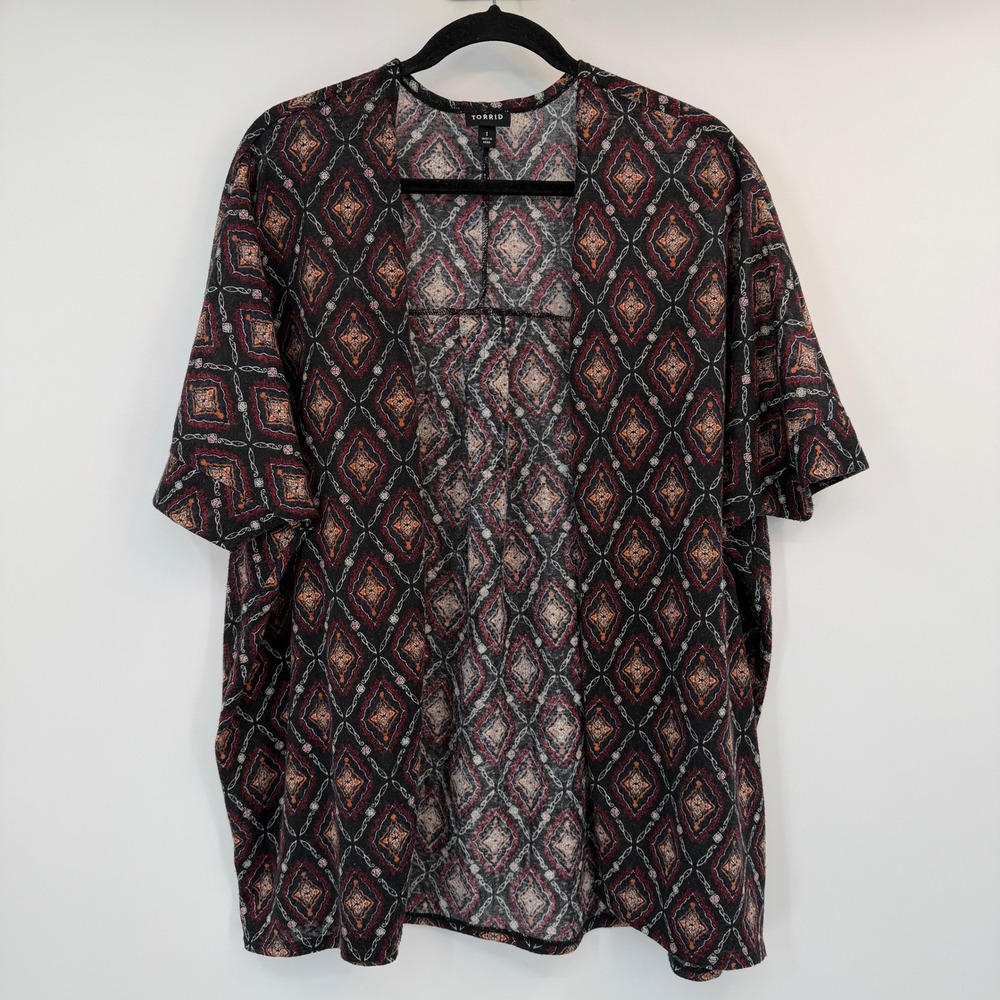 Torrid Plus Size 1 Black Red Geometric Diamond Open Front Kimono Cardigan Boho